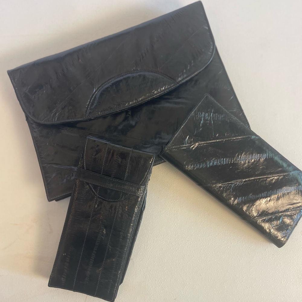 Vintage Black Eel Skin Purse Set Wallet Eyeglass Case Korea Minimalist Chic 80s